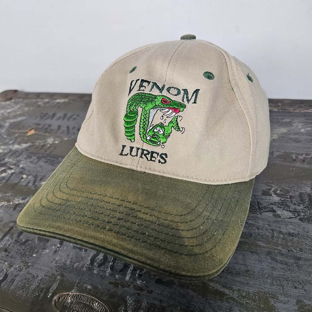 Venom Lures Hat Sun Faded Tan Green Cotton Embroidered Baseball Cap